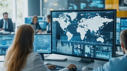 A group of professionals analyzing data on large screens in a modern office setting, highlighting global maps and statistical information.
