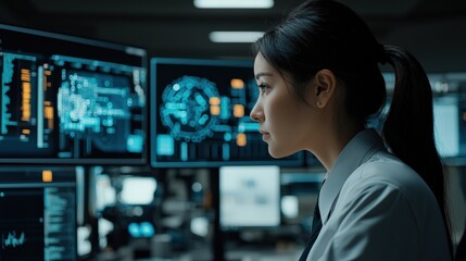 A focused woman analyzes data on multiple screens in a high-tech environment, showcasing her expertise in technology and information processing.