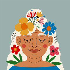 Vector illustration with old woman with flowers in hair. Romantic beauty self-care print design. Active healthy lifestyle concept art with people and flowers. Greeting card template