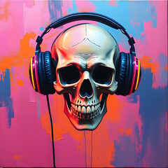 A skull with headphones on a vibrant, colorful, abstract background, digital illustration.