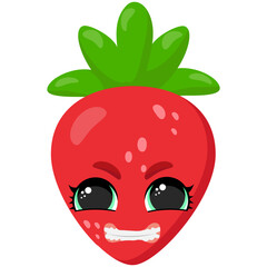 Obraz premium Funny strawberry with a playful facial expression and big expressive eyes. A creative fruit character perfect for stickers, kids' illustrations, food packaging, and fun digital art