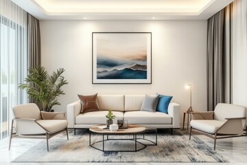 Frame mockup ISO A paper size Living room wall poster mockup Interior mockup with house background Modern interior design render