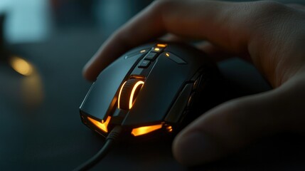 Close-up of hands gripping a gaming mouse and mechanical keyboard, lights glowing in the dark