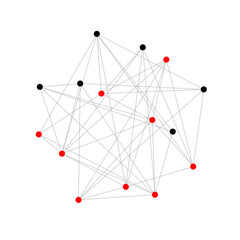 Abstract network visualization, red and black nodes interconnected by clean lines. Mathematical complexity rendered with minimalist elegance. For computer science, data visualization, AI concepts.

