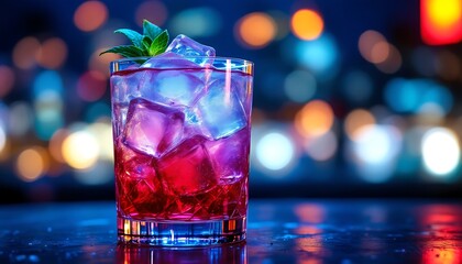 Vibrant Pink Cocktail Drink with Ice in Nightclub Setting