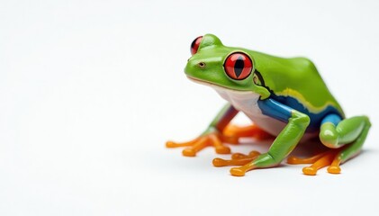 Fototapeta premium Single red-eyed tree frog on pure white, striking contrast, vibrant, skin