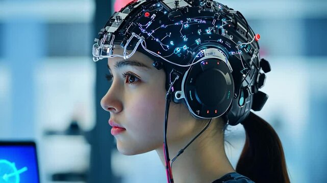 Brainwave Technology: A striking portrait of a young woman wearing advanced brain-computer interface technology, lit by a futuristic glow, hinting at the vast possibilities of neurological science.