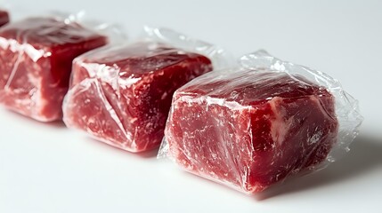 Fototapeta premium Fresh raw beef chunks individually wrapped in clear plastic, arranged in row showing marbling and deep red meat color on white surface for food industry and retail.