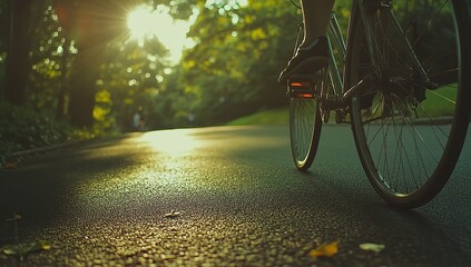 Bicycle on a winding road in a park, with the focus on the wheel and the rider's legs during a summer day.