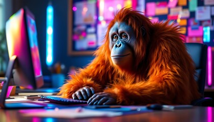 Orangutan Working on Computer Neon Lights