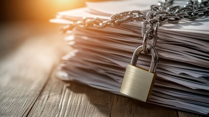 A stack of documents with chains and a padlock on a wooden table, a concept for business data protection or file security in the office.
