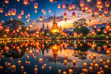 Obraz premium Yi Peng Lantern Festival, Chiang Mai, Thailand: Hundreds of Floating Lanterns Illuminate the Night Sky