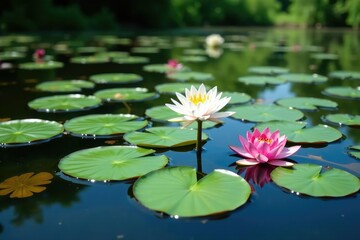 Water lilies forming a natural floral pattern across a lake, pattern, water lily
