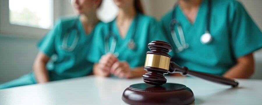 Gavel on table, medics in background present concept of healthcare law. Intersection of medicine, legal matters. Healthcare regulation, patient rights, medical jurisprudence, legal framework.