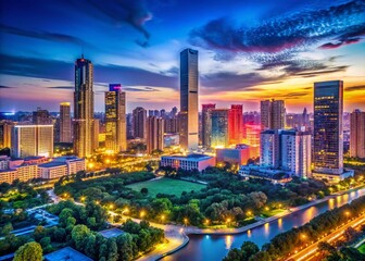 Naklejka premium Zhengzhou City Skyline Night Photography - Colorful Buildings, Blue Sky, Copy Space