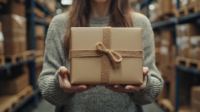 Woman Holding a Gift in a Warehouse