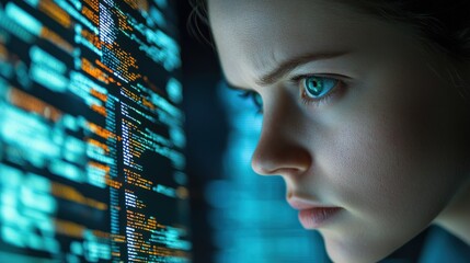 A focused individual analyzes data on a screen, showcasing intense concentration and a modern technological environment.