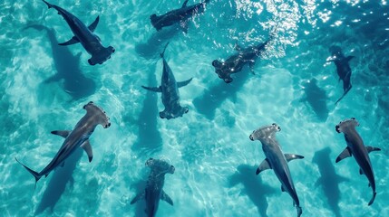 Fototapeta premium Captivating aerial view showcasing a school of hammerhead sharks in clear ocean waters