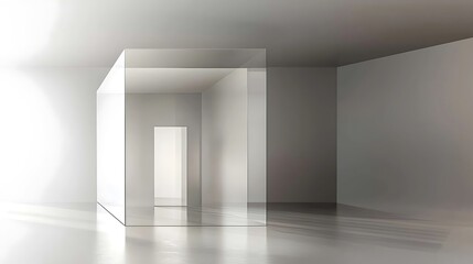 Abstract minimalist architectural design with geometric box in a bright spacious room