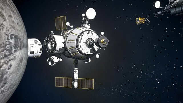Space Station Rendezvous: A detailed illustration of a space station in orbit, with multiple modules docked together, surrounded by the vastness of space. A futuristic spacecraft approaches.