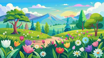 Naklejka premium Vibrant Spring Meadow with Blooming Flowers in a Flat Design Serene Pastoral Landscape with Lush Greenery Floral Botanicals and a Minimalist Nature Inspired