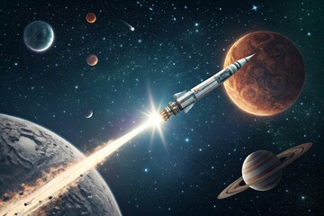 Naklejka premium Ambition takes flight with a rocket soaring through space, leaving behind a vibrant trail amid planets and stars