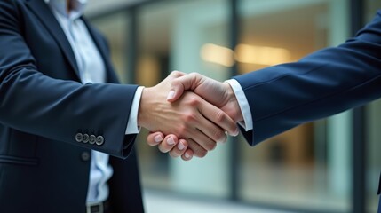 A close-up of hands shaking between two businessmen, with a modern office background and soft lighting for a professional, business-oriented feel.