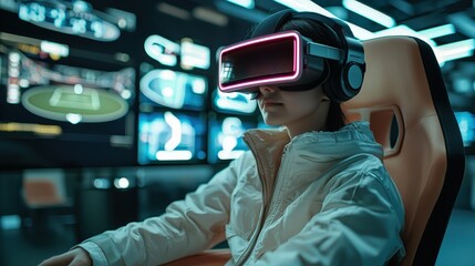 A young person wearing a VR headset immerses in a virtual experience, seated in a high-tech environment with glowing screens.