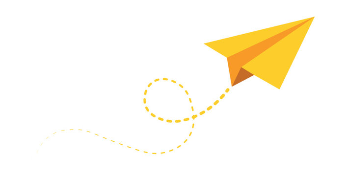 Colorful fun paper plane with dotted line. Hand drawn doodle airplane. Travel symbol, vector illustration. Isolated on white background