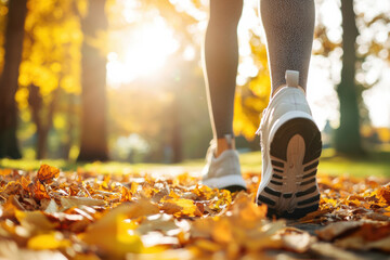 Woman wearing running shoes walking on fallen autumn leaves in a park, enjoying the sunny weather and embracing a healthy lifestyle