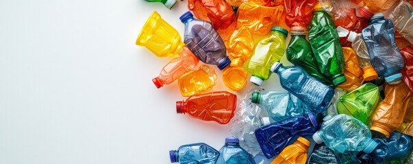 A vibrant collection of recycled plastic bottles in various colors, illustrating the importance of recycling and waste management.