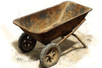 A weathered and rusty wheelbarrow resting upon a light shaded surface