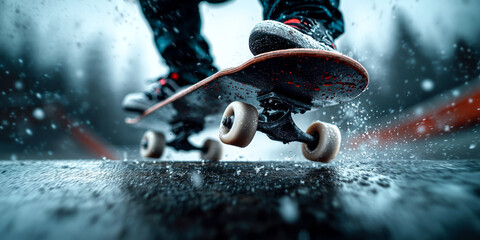 Naklejka premium Skateboarder performing jump in rain with dramatic splash