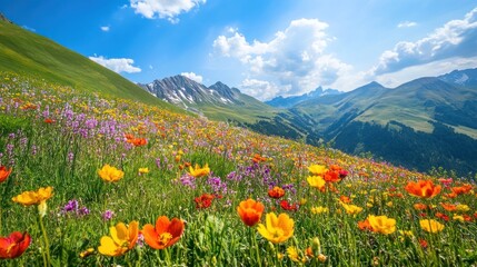 Vibrant wildflower meadow cascading across alpine slopes with majestic peaks