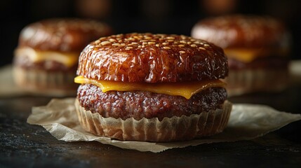 Close-up of mini cheeseburger with sesame bun.