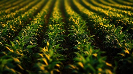 Sunset over young corn field rows