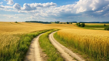 Obraz premium Scenic wheat field vista with winding dirt path under a vibrant blue sky