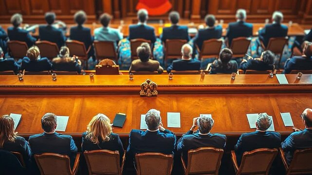 Legislative Session: A high-angle perspective captures a gathering of people, seated at an expansive wooden table. The image evokes a sense of formality, deliberation.