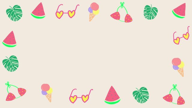 Animated cute summer border frame with watermelon, monstera leaves, bikini, sunglasses, and ice cream in a tropical theme.
