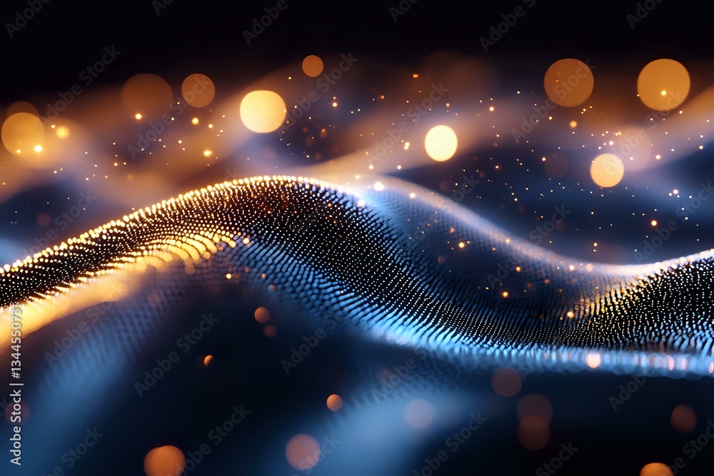 Poster glowing particle wave with golden bokeh lights on dark background creates futuristic abstract techno