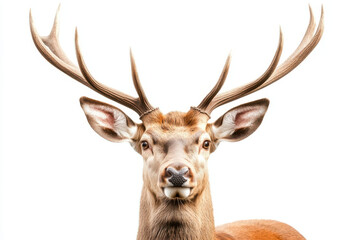 Realistic red deer with large symmetrical antlers and deep brown fur looking forward on an isolated white background
