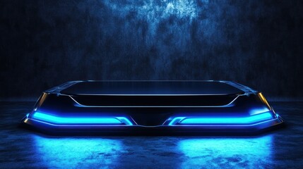 Futuristic blue neon platform on dark background.