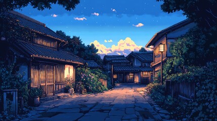 Fototapeta premium Tranquil village street at dusk, serene scenery