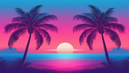 Obraz premium Tropical Sunset: Vivid artwork captures a tranquil beach scene, as silhouetted palm trees frame a vibrant sunset casting colorful hues on the ocean. 