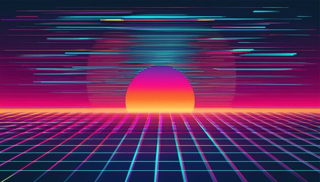 Retro Sunset: An vibrant image of a retro-style sunset over a neon grid landscape with dynamic lines. Capturing the digital era.