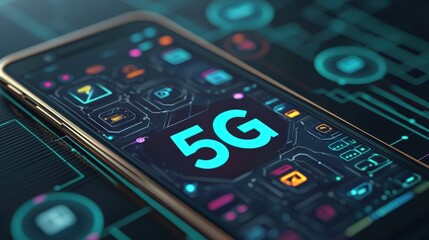 A smartphone displaying a vibrant 5G network interface, emphasizing advanced connectivity and technology integration.
