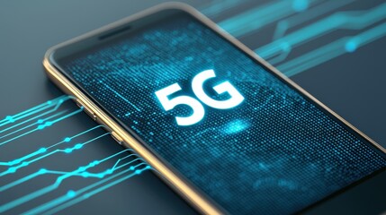 A sleek smartphone displays a glowing "5G" logo, symbolizing advanced connectivity and technology in a digital landscape.
