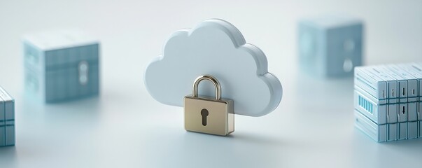 A cloud-shaped icon with a padlock symbolizes data security in a digital environment, surrounded by storage blocks.