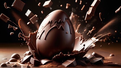 A chocolate egg is splashing out of the ground.