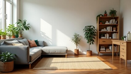 Sunny modern living room with plants and wooden furniture